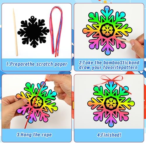 JULMELON 36Pcs Christmas Winter Crafts for Kids, Snowflake Scratch Art Gift