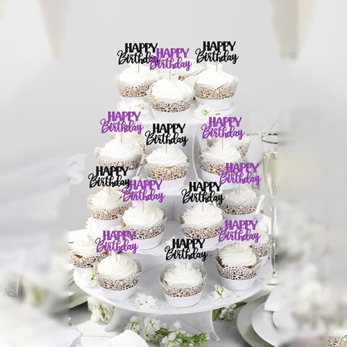 30 PCS Happy Birthday Cupcake Toppers Glitter Happy Birthday Cupcake Picks for Celebrating Anniversary Theme Christmas Party Cake Decorations Supplies Black Purple