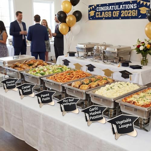 Eaasty 24 Pcs Mini Chalkboard Signs Party Food Labels for Party Buffet with Stand 2 Pen Small Erasable Reusable Wooden Blackboard for Table Setting Name Decorations(Grad Cap)
