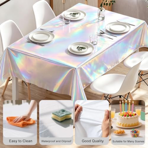 8 Pack Silver Solid Laser Plastic Tablecloth 54" x 108" Disposable Table Cloths for 6 to 8 Foot Tables Rectangle Table Cover for Parties (Silver Solid Laser, Rectangle)