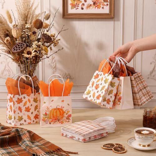 Silkfly 24 Pack Mini Pumpkin Gift Bag Bulk with Handle Tissue Paper 5x5x3''