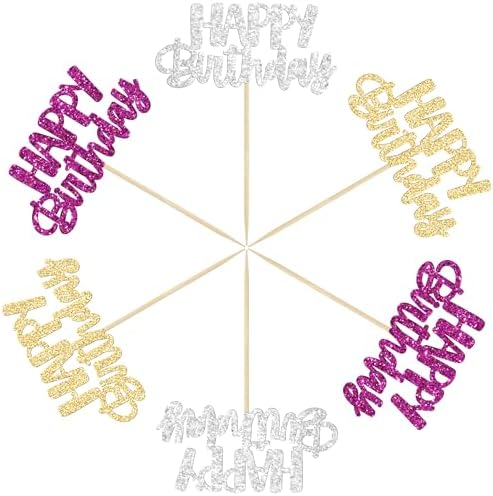 Gyufise 24Pcs Happy Birthday Cupcake Toppers Glitter Birthday Cupcake Food Picks for Celebrating Hunter Theme Party Cake Decorations Supplies Purple Gold Silver