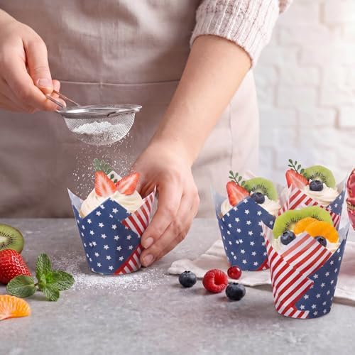Maxdot 200 Pcs Patriotic Tulip Cupcake Liners for Baking 4th of July Muffin Baking Cups Red Blue White Stars Stripes Tulip Muffin Liners Wrappers for Independence Day Memorial Day Party Supplies
