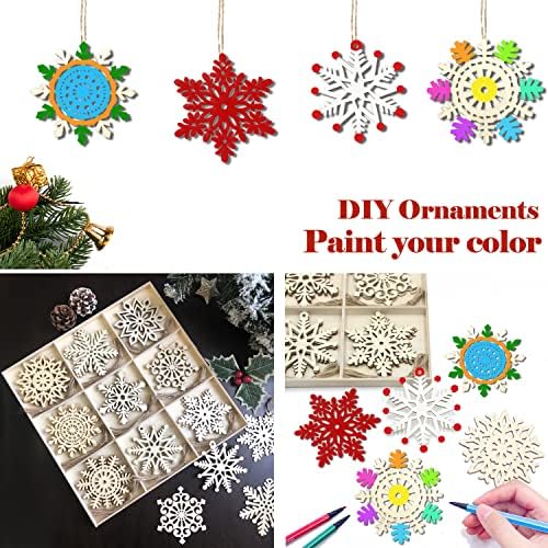 36pcs Large Christmas Wooden Snowflakes Hanging Ornaments DIY Craft Snowflake Wooden Ornaments Unfinished Wood Cutout Christmas Decorations Tree Decor Kids Paint