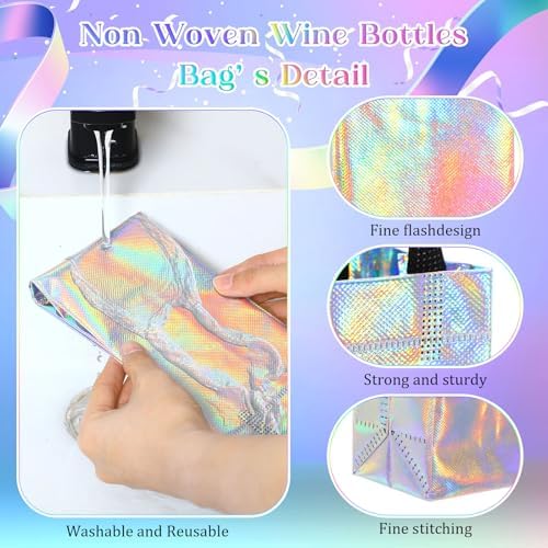 Windyun 200 Pcs Wine Gift Bags with Handle Reusable Small 13.8x3.5x3.9 Inches Liquor Bottle Totes Bulk for Birthday Wedding Christmas Holiday Party (Iridescent)
