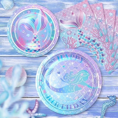 72PCS Mermaid Birthday Plates and Napkins, Mermaid Themed Party Supplies