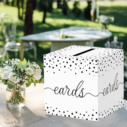 QISOLIY White Card Box for Party With Black Dots, 8.7" Gift Card Holder and Money Box for Wedding, Baby Shower, Birthday, Graduation, Retirement, Anniversary Decorations