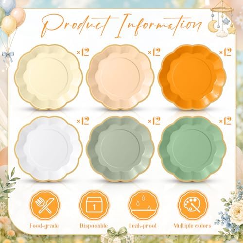 72 Pcs A Little Cutie Paper Plates 9 Inch Sage Green Orange Gradient Scalloped Paper Disposable Dinner Dessert Plates for Baby Shower Summer Birthday Wedding Bridal Party Supplies, 6 Colors