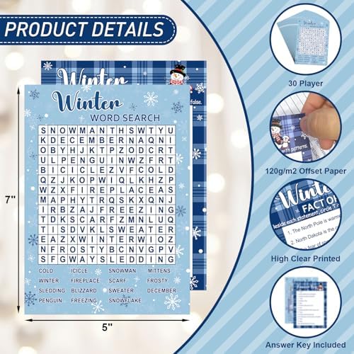 COCHIE 30 Players Winter Holiday Christmas Party Games for Adults Family Office Large Groups, Word Search Game, Riddle Game, Fact or Flake Games with Answer Key (Winter Search)
