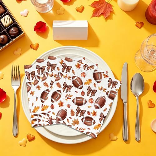 100 Pcs Fall Football Bow Disposable Paper Napkins, 2-Ply Absorbent Decorative Napkins, Autumn Sports Theme Tableware Supplies for Football Game Day, Harvest Thanksgiving Dinner, Holiday Celebrations