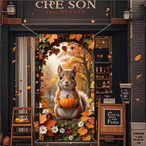 Fall Door Cover,Maple Leaf Squirrel Pumpkin Thanksgiving Fall Decor