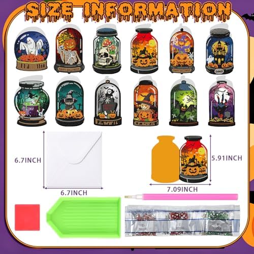 Saillong 12 Pack Halloween Diamond Painting Greeting Card Kits DIY Halloween Diamond Art Cards with Envelopes Bat Black Cat Pumpkin 5D Rhinestones Painting Kit for Adults DIY Craft Family Friend Gifts