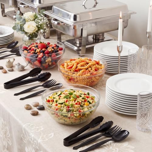 36 Pcs Disposable Plastic Serving Utensils - 9" Black Heavy Duty Serving Utensils Set, 12 Forks, 12 Tongs, 12 Serving Spoons for Buffet Party Chafing Dish Catering