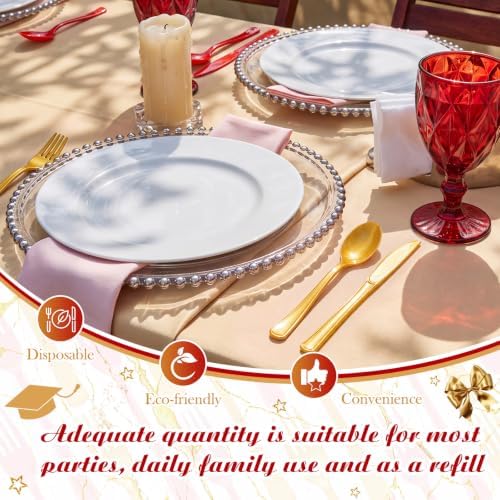 Minatee 180 Pcs Pearlescent Gold and Red Plastic Silverware Heavy Duty Cutlery Sets Disposable Utensils for Holiday Birthday Themed Party Supplies, 60 of Each Forks Knives Spoons