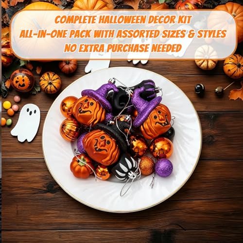 56pcs Halloween Hanging Ornaments for Tree Decorations, Shatterproof Plastic Hanging Halloween Ball Pendants with Pumpkin, Witches Hat Signs, Halloween Tree Decor Party, Holiday, Home (Multi New)