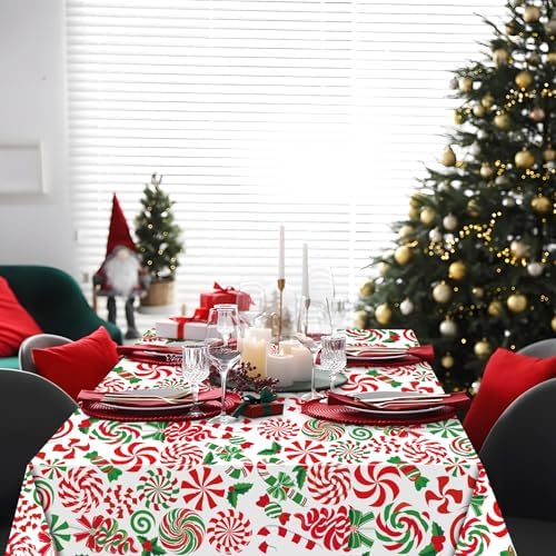 3-Piece 54 x 108 Inch Christmas Peppermint Plastic Tablecloth – Red and Green Disposable Rectangle Table Covers with Candy Cane and Lollipop Design for Holiday Christmas Winter Celebrations