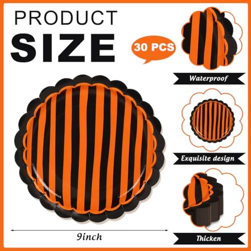 JarThenaAMCS 30Pcs Orange Black Stripe Paper Plates Halloween Scalloped Disposable Plate Striped Dessert Plate for Halloween Birthday Baby Shower Party Table Decor