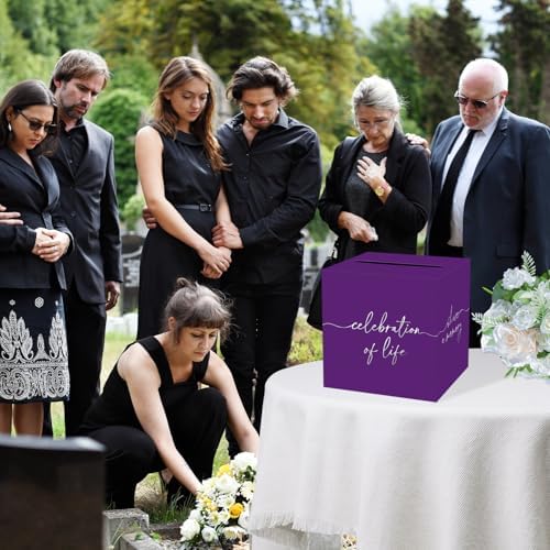 QISOLIY Purple Celebration of Life Card Box with Silver Lettering, Share a Memory Funeral Card Box for Memorial Service, Remembrance Table Decor, Memory Box for Sympathy Condolence Messages