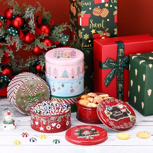 LemonRoad 18 Pack 5.2 Inch Round Christmas Cookie Tins with Lids for Gift Giving Holiday Treats, Metal Empty Candy Tin Containers, Small Xmas Cookie Jar for Baking Party Favors(Classic Style)