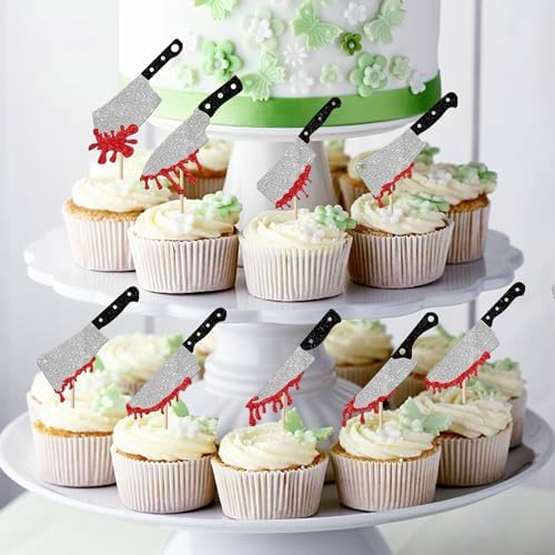Rsstarxi 24 Pack Halloween Cupcake Toppers Glitter Blood Knife Cupcake Picks Horror Killer Birthday Cake Decorations for Scary Horror Crime Scene theme Birthday Halloween Party Supplies