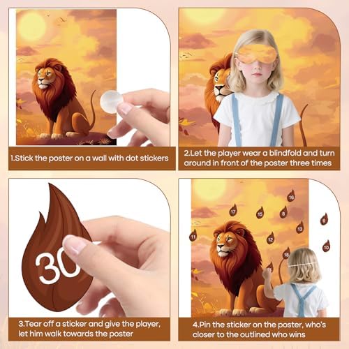 PLULON Pin The Tail on The Lion Safari Party Game for Kids, Birthday Games Big Poster with Tail Stickers for Zoo Animal Lion Party Favors Decorations Boys Birthday Jungle Party Supplies