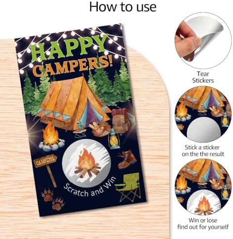 TOUNER 50Pcs Happy Campers Silver Scratch Off Game, Reveal Campfire & Fire Remain Design, Camping Adventure Themed Raffle Tickets, Camping Birthday Party Game Scratch Card for Men Women Outdoor Lover