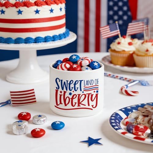 Patriotic 4th of July Candy Dish, Independence Day Mini Ceramic Candy Bowl Tiered Tray Centerpiece Decor, Snack Serving Table Wishes Accents for Party Home Kitchen (Sweet Land of Liberty)