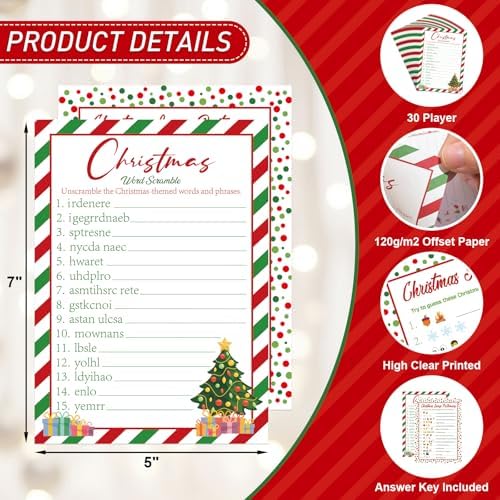 COCHIE 30 Players Christmas Party Games for Adults Family Office Large Groups, Xmas Parties Songs Pictionary Game, Riddle Game, Word Scramble Games with Answer Key (Christmas Tree)