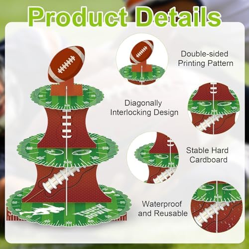 Football Cupcake Stand Decorations, 3 Tier Sports Football Cupcake Stand DIY Cake Stand Holder Tower Cardboard Dessert Serving Cookie Tray Holder for Sports Football Theme Birthday Party Decorations