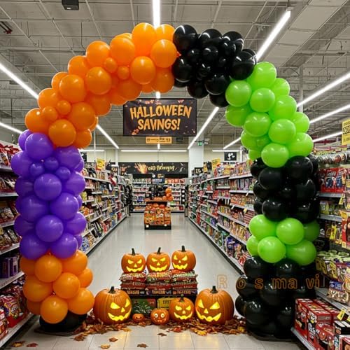 Halloween Balloon Arch, Orange, Black, Purple & Green, 138 Balloons