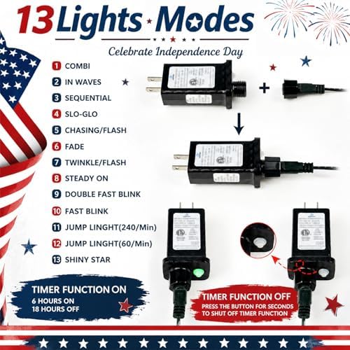 OZS Connectable 2Pack 164Ft 400LED 4th of July String Lights,Red White Blue