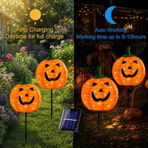 Solar Halloween Pumpkin Lights, 4 Pack Outdoor Pathway Stake Lights