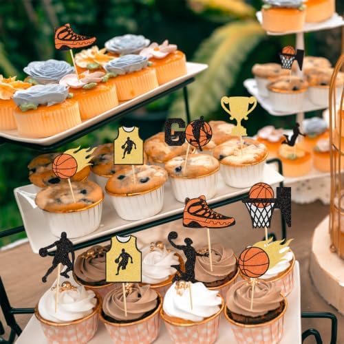 Hooqict 40Pcs Basketball Cupcake Toppers Basketball Birthday Party Cupcake Topper Cake Decorations for Kids Baby Shower Sports Theme Party Decorations Supplies