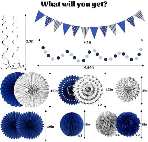 24 Pcs Blue Silver Party Decorations, Paper Fans Pom Poms Banner 8-16 in