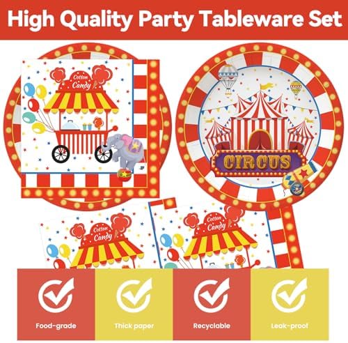 50Pcs Carnival Plates and Napkins Party Supplies, Disposable Circus Birthday Theme Paper Plates Napkins Tableware Set for Baby Shower Birthday Party Decorations (Carnival)