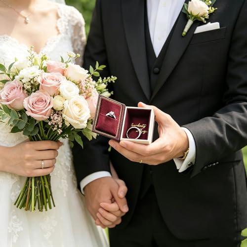 Book Shaped Ring Box - Vintage Engagement Ring Box with Hinged Lid for Proposal Engagement Wedding, Proposal Ring Case -PRB012-Brown