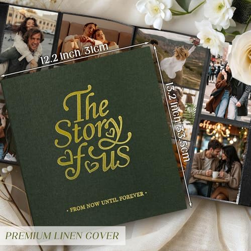 Lanpn Couple Photo Album 4x6 600 Pockets - The Story of Us, Linen Large Wedding Anniversary Picture Albums Book Horizontal Vertical Photo for Newlywed Engagement Love Stories Valentine's Day (Green)
