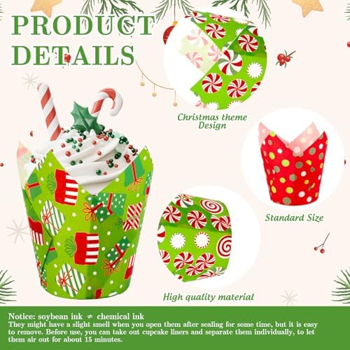 FYSUIMU 200Pcs Christmas Tulip Cupcake Liners Funny Cartoon Character Muffin Baking Cups Xmas Red Green Cupcake Wrappers for Winter Holiday Birthday Wedding Party Supplies Table Decor