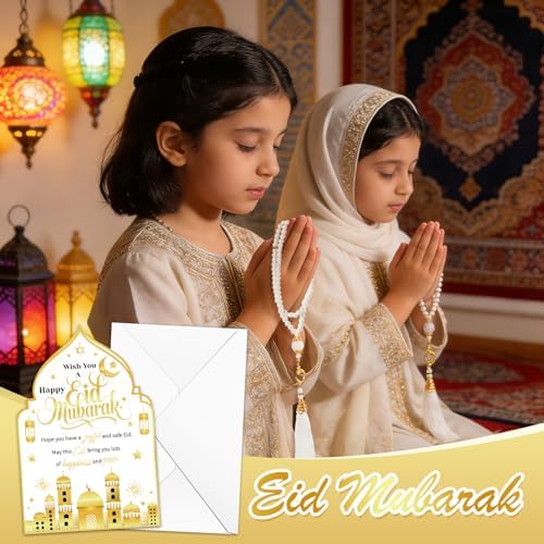 HOWAF Eid Gifts Set with Mosque Shape Card & Prayer Beads, Ramadan Mubarak Greeting Card with Envelope and Ramadan & Eid Pearl Zikirmatic Beads with Box, Islamic Present for Women, Muslim Celebration Gift Set