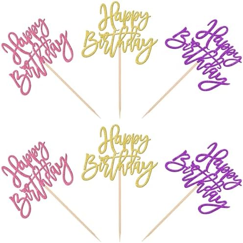 24 PCS Happy Birthday Cupcake Toppers Glitter Happy Birthday Cupcake Picks for Celebrating Anniversary Theme Party Cake Decorations Supplies Gold Purple Pink
