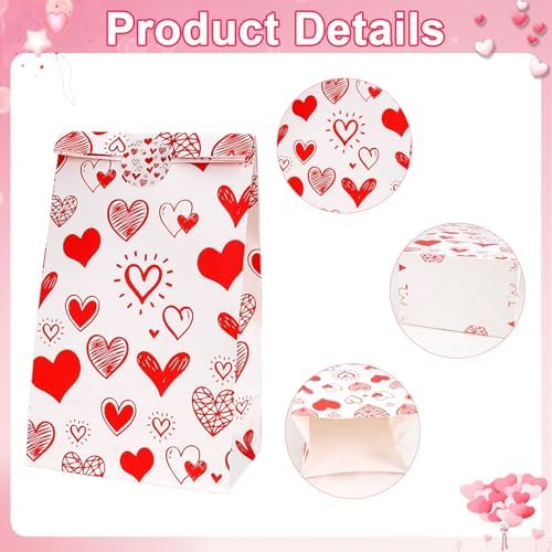 Valentines Bags for Kids Class 24 PCS Valentine Paper Bags with Stickers for Gifts Treat Goodie Candy Snack Goody Cookie Wrap Galentines Valentines Day Party Favors Supplies Decorations Baggies Pouch