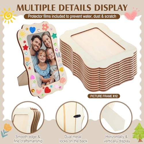 Yalikop 12 Pack Wooden Picture Frame Painting Craft Kit with Stickers DIY Craft Picture Frames for 4" x 6" Photos Unfinished Standing Photo Frame Decorate for Mother's Day DIY Crafts Gift