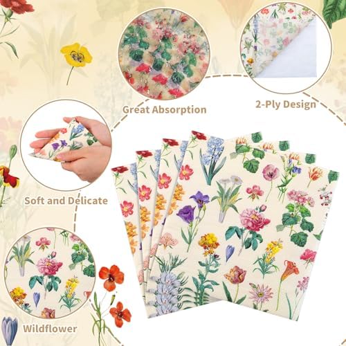 Natnarr 100 Pcs Floral Napkins, 5“ Vintage Wildflower Cocktail Napkins