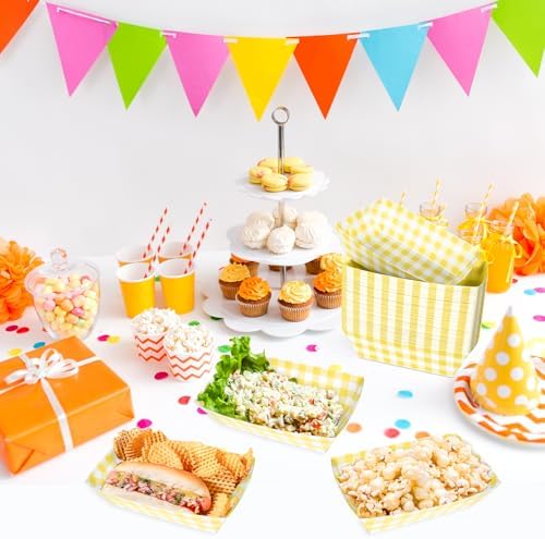 100 Pcs Yellow Gingham Paper Food Trays, Pre-Folded Yellow Checkered Disposable Food Boats for Hot Dogs, Fries, Nachos, Snacks, Carnival, Picnic, Baby Shower, Rustic Wedding, BBQ Party Supplies