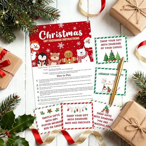 61 Pcs Christmas Gift Exchange Game Cards Merry Christmas Party Games White Elephant Gift Exchange Card Xmas Holiday Present Swap for Adults Large Group Family Women Men Coworker Supplies Winter Paper