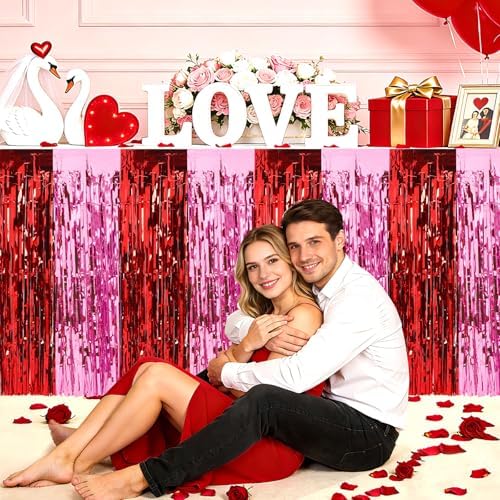 4Pcs Valentines Day Table Skirt Galentines Decorations Foil Fringe