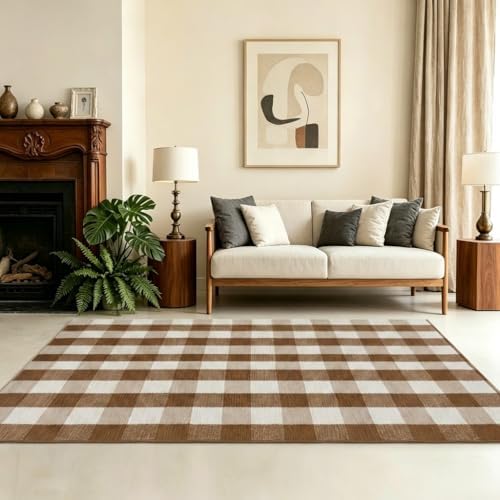 SEEKSEE Fall Decor Buffalo Plaid Rug 4' x 6' Coffee and White Large Front Door Mat, Layering Area Rug, Fall Rug for Outdoor Patio Entryway Indoor Living Room Kitchen Dining Room Decor