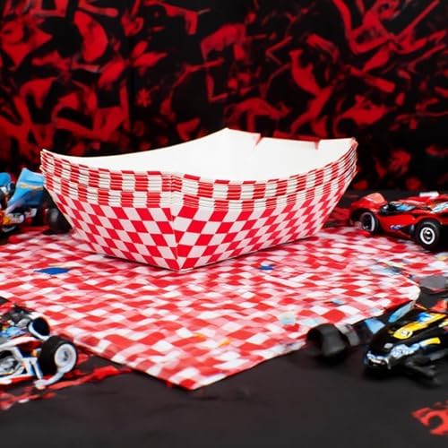 30 Pcs No Folding Required 2lb Gingham Party Supplies Disposable Paper Food Trays for Shower Wedding Tea Party Supplies Nacho Snack (Red)