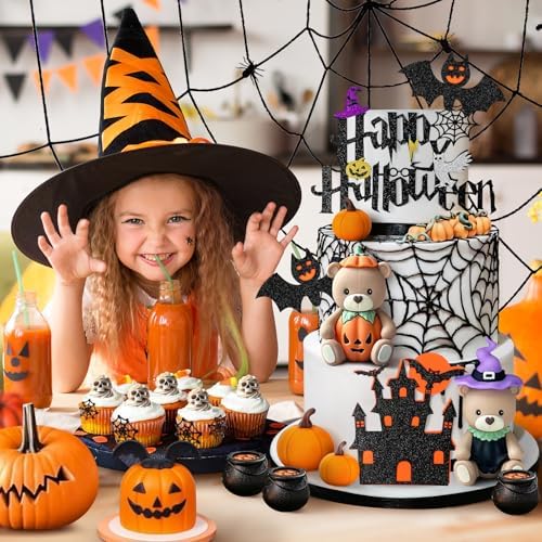9 PCS Halloween Cake Topper Witch Bear Cake Topper Pumpkin Bat Cake Decorations with Happy Halloween Cake Decorations for Scary Party Supplies