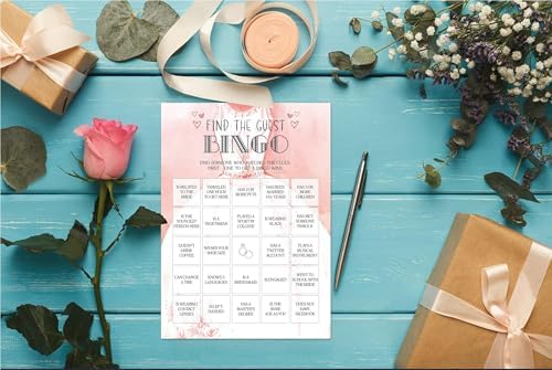 Bridal Shower Games, Wedding Games, Find The Guest Bingo Engagement Bachelorette Party Game, Bridal Shower Decorations, 30 Cards Per Set (Suit023)